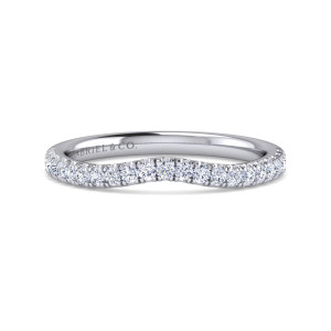 Gabriel & Co. WB16337R8W44JJ 14 karat white gold Contemporary wedding band, front view of the soft dip with a line of round diamonds held by tiny prongs