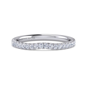 Gabriel & Co. WB16338C4W44JJ 14 karat white gold Contemporary wedding band, front view of a slight dip along the top edge of a row of round diamonds