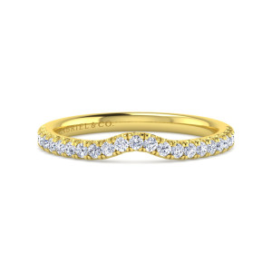 Gabriel & Co. WB16338O10Y44JJ 14 karat yellow gold Contemporary wedding band, front view of round diamonds following a rounded scoop with faintly ribbed prong tips