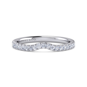 Gabriel & Co. WB16338R8W44JJ 14 karat white gold Contemporary wedding band, front view of the wide scooped middle with round diamonds following the wave