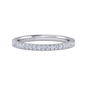 Gabriel & Co. WB16340R6W44JJ 14 karat white gold Contemporary wedding band, front view of a straight band lined with very small round stones between fine prongs