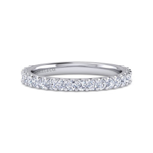 Gabriel & Co. WB16348R8W44JJ 14 karat white gold Contemporary wedding band, front view of small round diamonds spaced closely along the front of a smooth round hoop