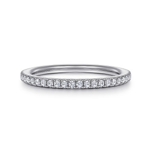 Gabriel & Co. WB16350O8W44JJ 14 karat white gold Contemporary wedding band, front view of a slim straight hoop with one unbroken line of round diamonds across the top
