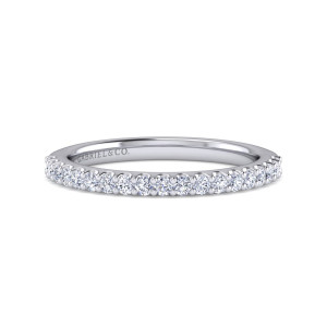 Gabriel & Co. WB16353R4W44JJ 14 karat white gold Contemporary wedding band, front view of a straight row of small round diamonds with bead prongs between them