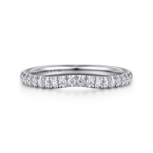 Gabriel & Co. WB16355O12W44JJ 14 karat white gold Contemporary wedding band, front view of a contoured band with a dip at the center of its stone row