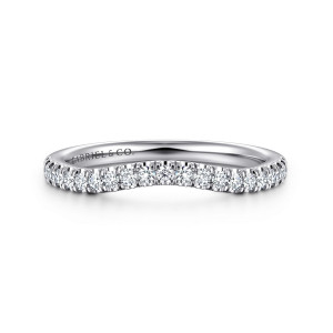 Gabriel & Co. WB16356R12W44JJ 14 karat white gold Contemporary wedding band, front view of a rounded dip in the top edge with a row of prong set diamonds