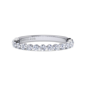 Gabriel & Co. WB16360R6W44JJ 14 karat white gold Contemporary wedding band, front view of round diamonds with small ball-tipped prongs between them along a straight top edge