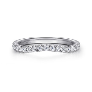 Gabriel & Co. WB16402R6W44JJ 14 karat white gold Contemporary wedding band, front view of a shallow dip along the top edge lined with round diamonds