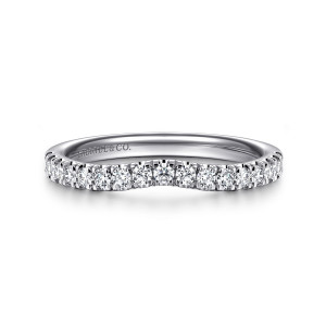 Gabriel & Co. WB16402R8W44JJ 14 karat white gold Contemporary wedding band, front view of the inward dip at the center with round stones following the curve