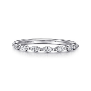 Gabriel & Co. WB16414O8W43JJ 14 karat white gold Contemporary wedding band, front view of pointed marquise diamonds laid end to end between small round metal beads