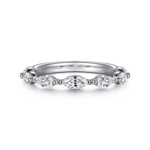 Gabriel & Co. WB16416N16W43JJ 14 karat white gold Contemporary wedding band, front view of pointed marquise stones lying lengthwise between small ball prongs