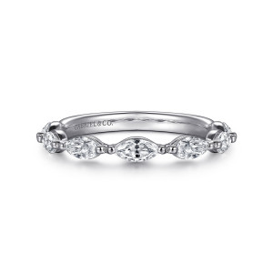 Gabriel & Co. WB16416R6W43JJ 14 karat white gold Contemporary wedding band, front view of pointed oval stones lying lengthwise with small beads at each tip