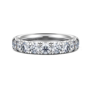 Gabriel & Co. WB16420R8W44JJ 14 karat white gold Contemporary wedding band, front view of a straight band with a single row of large round stones