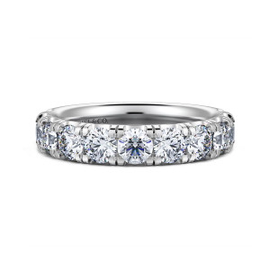Gabriel & Co. WB16421R8W44JJ 14 karat white gold Contemporary wedding band, front view of large round diamonds set side by side, each divided by a slim metal prong