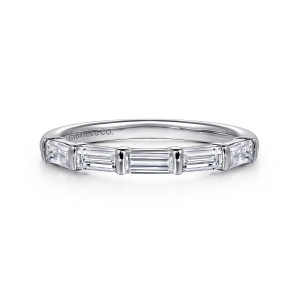 Gabriel & Co. WB16424E6W43JJ 14 karat white gold Contemporary wedding band, front view of baguette stones lying lengthwise between upright bars across the top