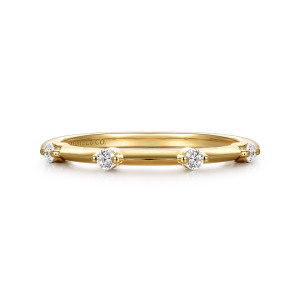 Gabriel & Co. WB16431R6Y44JJ 14 karat yellow gold Contemporary wedding band, front view of spaced round stones on a smooth bar with tiny prong tips