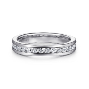 Gabriel & Co. WB16433O6W44JJ 14 karat white gold Contemporary wedding band, front view of the straight band with round diamonds lined up between two polished edges