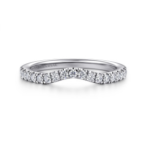 Gabriel & Co. WB16435E12W44JJ 14 karat white gold Contemporary wedding band, front view of a band with a central dip and a row of round diamonds