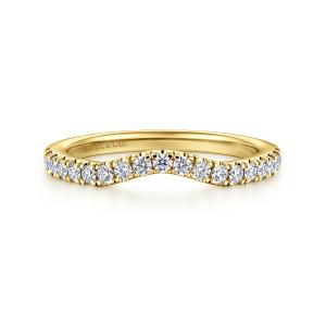 Gabriel & Co. WB16435E12Y44JJ 14 karat yellow gold Contemporary wedding band, front view of a shallow scooped curve with round stones running across the front