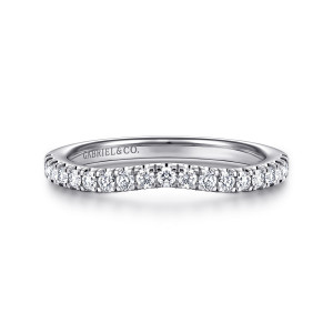 Gabriel & Co. WB16435N6W44JJ 14 karat white gold Contemporary wedding band, front view of a shallow curved row of small round diamonds with a maker's mark inside