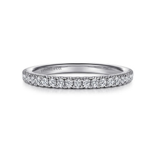 Gabriel & Co. WB16465O6W44JJ 14 karat white gold Contemporary wedding band, front view of a smooth straight hoop with small round stones closely spaced across the top