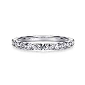 Gabriel & Co. WB16467O6W44JJ 14 karat white gold Contemporary wedding band, front view of a straight hoop with small round diamonds gripped by tiny prongs along the top