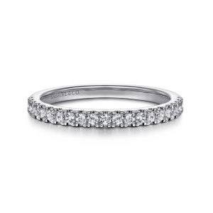 Gabriel & Co. WB16470R10W44JJ 14 karat white gold Contemporary wedding band, front view of closely spaced small diamonds along the level top edge