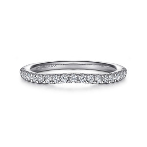 Gabriel & Co. WB16471R6W44JJ 14 karat white gold Contemporary wedding band, front view of a softly bowed row of round stones above a smooth inner wall