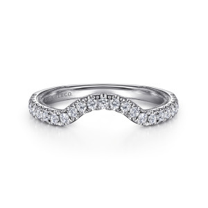 Gabriel & Co. WB16475O6W44JJ 14 karat white gold Contemporary wedding band, front view of a deep rounded arch lined with round diamonds and fine beaded edging