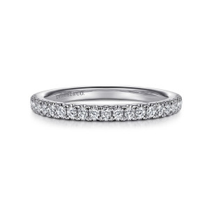 Gabriel & Co. WB16483E6W44JJ 14 karat white gold Contemporary wedding band, front view of a tight row of small round diamonds between fine notched prongs