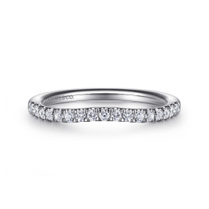 Gabriel & Co. WB16484R6W44JJ 14 karat white gold Contemporary wedding band, front view of the top edge dipping in the middle beneath a line of round diamonds