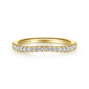 Gabriel & Co. WB16484R6Y44JJ 14 karat yellow gold Contemporary wedding band, front view of a curved band with a row of small round diamonds dipping along the top