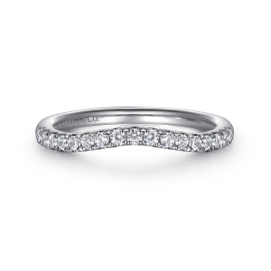 Gabriel & Co. WB16486R6W44JJ 14 karat white gold Contemporary wedding band, front view of the deep U shaped dip in the top edge with the row of round diamonds