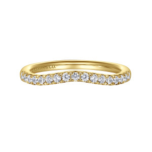 Gabriel & Co. WB16486R6Y44JJ 14 karat yellow gold Contemporary wedding band, front view of the bowed lower edge of the diamond row, with a maker's mark inside