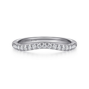 Gabriel & Co. WB16486R8W44JJ 14 karat white gold Contemporary wedding band, front view of a scooped curve lined with a single row of round diamonds