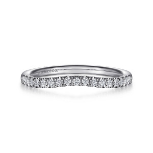 Gabriel & Co. WB16487R6W44JJ 14 karat white gold Contemporary wedding band, front view of the scooped top edge lined with a row of small round diamonds