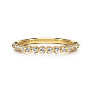 Gabriel & Co. WB16493R6Y44JJ 14 karat yellow gold Contemporary wedding band, front view of round stones each in a smooth collar with a tiny bead between