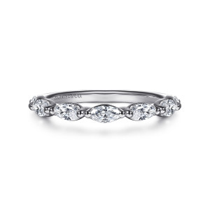 Gabriel & Co. WB16498R6W43JJ 14 karat white gold Contemporary wedding band, front view of long pointed diamonds lying lengthwise between small round beads