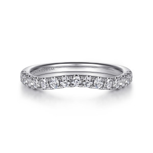 Gabriel & Co. WB16507O8W44JJ 14 karat white gold Contemporary wedding band, front view of the middle scoop in a single line of round diamonds