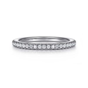 Gabriel & Co. WB16516O8W44JJ 14 karat white gold Contemporary wedding band, front view of a level row of small round diamonds held in shared prongs