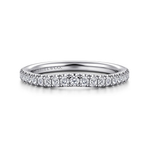 Gabriel & Co. WB16517R6W44JJ 14 karat white gold Contemporary wedding band, front view of a shallow curve in the row of round diamonds along the top edge