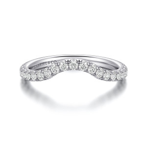 Gabriel & Co. WB16519R8W44JJ 14 karat white gold Contemporary wedding band, front view of a shallow scoop with round diamonds following the curve