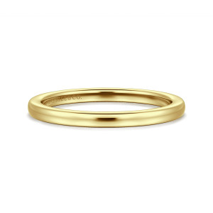 Gabriel & Co. WB16551P6Y4JJJ 14 karat yellow gold Contemporary wedding band, front view of a smooth domed hoop with a maker's mark inside the rim