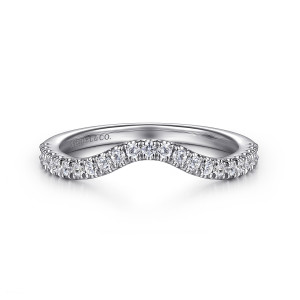 Gabriel & Co. WB16561R6W44JJ 14 karat white gold Contemporary wedding band, front view of a rounded arch in the stone row with a scooped opening beneath