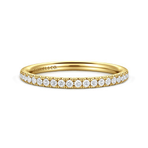Gabriel & Co. WB16566O8Y44JJ 14 karat yellow gold Contemporary wedding band, front view of a single row of round diamonds held in tiny prongs