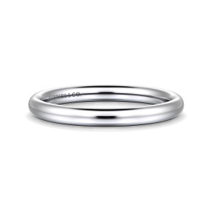 Gabriel & Co. WB16567R8W4JJJ 14 karat white gold Contemporary wedding band, front view of a polished domed band with no stones and rounded edges