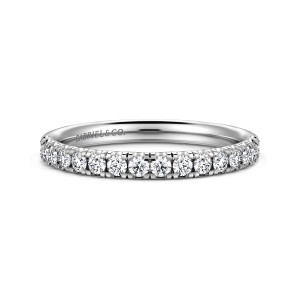 Gabriel & Co. WB16568R8W44JJ 14 karat white gold Contemporary wedding band, front view of a straight hoop with evenly spaced round diamonds across the top