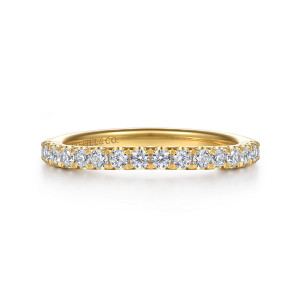 Gabriel & Co. WB16639O8Y44JJ 14 karat yellow gold Contemporary wedding band, front view of round stones sharing prongs along a straight top edge