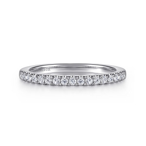 Gabriel & Co. WB16668P8W44JJ 14 karat white gold Contemporary wedding band, front view of a straight band with a single row of small round stones set between tiny prongs