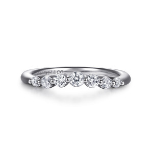 Gabriel & Co. WB16677R8W44JJ 14 karat white gold Contemporary wedding band, front view of round stones with ball tipped posts between them, the middle one largest